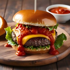 Tasty beef burger with patty on French fries and fire