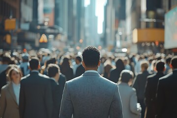 Fototapeta premium Man in Suit Walking Through City Crowd in Sunlight1