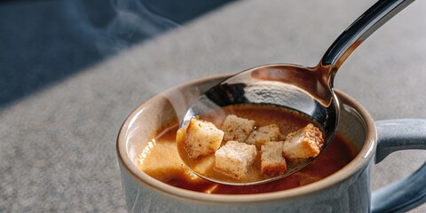 Fototapeta premium Bowl of Creamy Soup with Croutons, Warm Comfort Food for Chilly Days