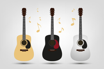 Naklejka premium Set of three vector acroustic guitars with musical icons on white background, three collection of acroustic guitars music elements is used for singers.