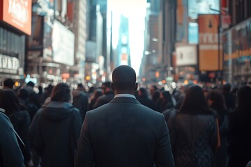 Obraz premium Man in Suit Walking Through City Crowd with Skyscrapers in Background