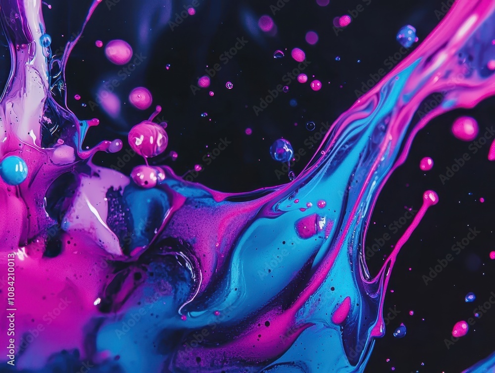 Poster a vibrant, abstract swirl of pink and blue liquid with dynamic splashes against a dark background, c
