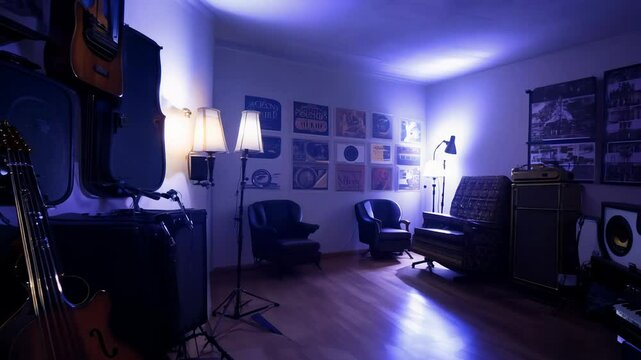 eclectic music room with vintage instruments, album covers, and gobo lighting zoom effect