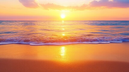 A tranquil beach scene featuring a vibrant sunset over calm waves gently lapping at the shore, This image is ideal for travel blogs, relaxation themes, or promoting beachfront destinations,