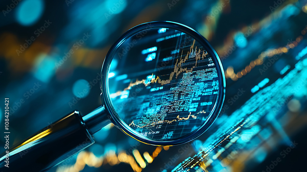 Poster in-depth financial data analysis through magnifying glass.