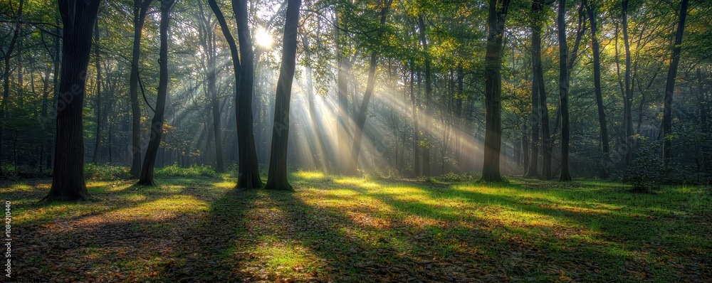 Aufkleber a serene forest scene bathed in sunlight, with rays piercing through trees and casting soft shadows 