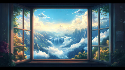 Fototapeta premium A window that serves as a portal to a dreamscape, where clouds, waterfalls, and mountains exist in harmony. Elysium. Illustration
