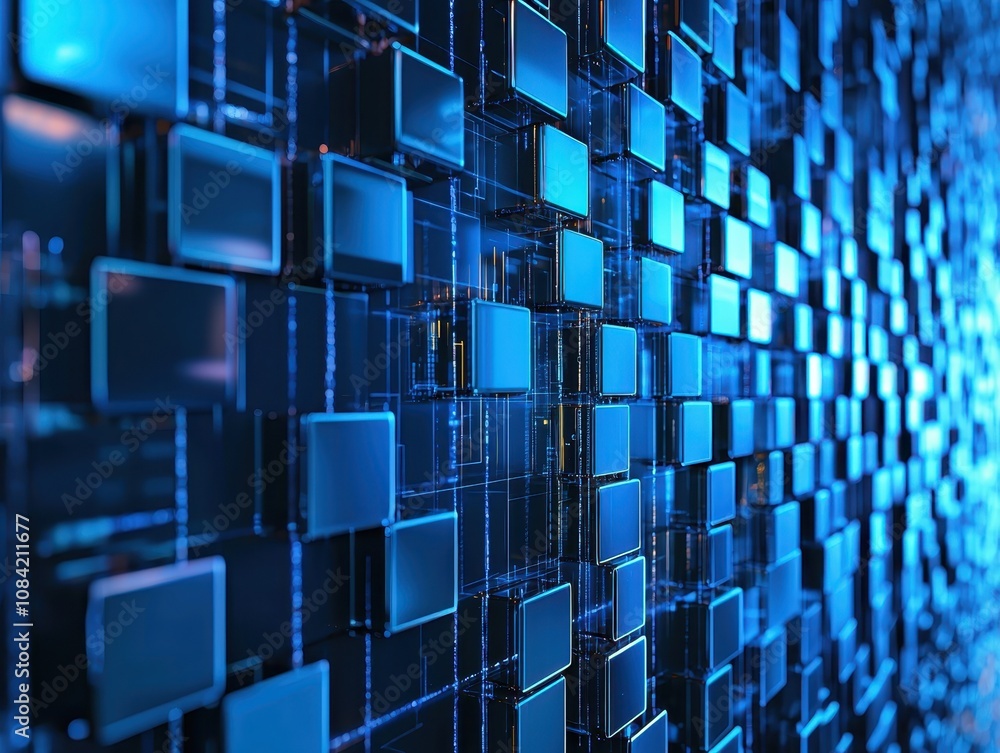 Poster a vibrant, abstract representation of a layered grid pattern, featuring numerous blue squares that c