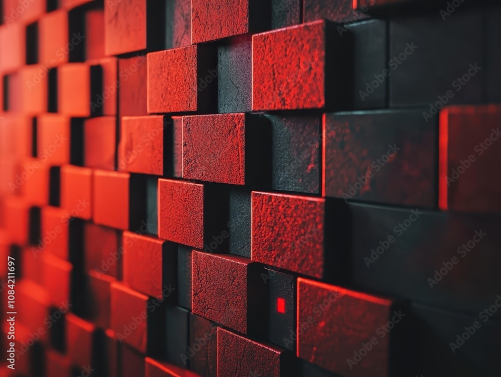 Poster a textured wall featuring a grid of dark and red blocks, creating an abstract and visually striking 