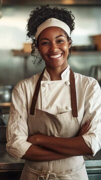 Portrait of smiling African American female chef in professional kitchen environment. Generative AI.