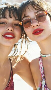 Close-up of two smiling friends taking a selfie wearing sunglasses on a sunny day at the beach. AI generative.