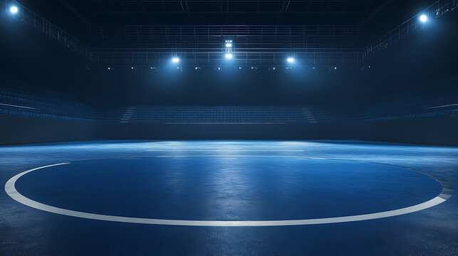 Spotlit Wrestling Mat in an Empty Arena
