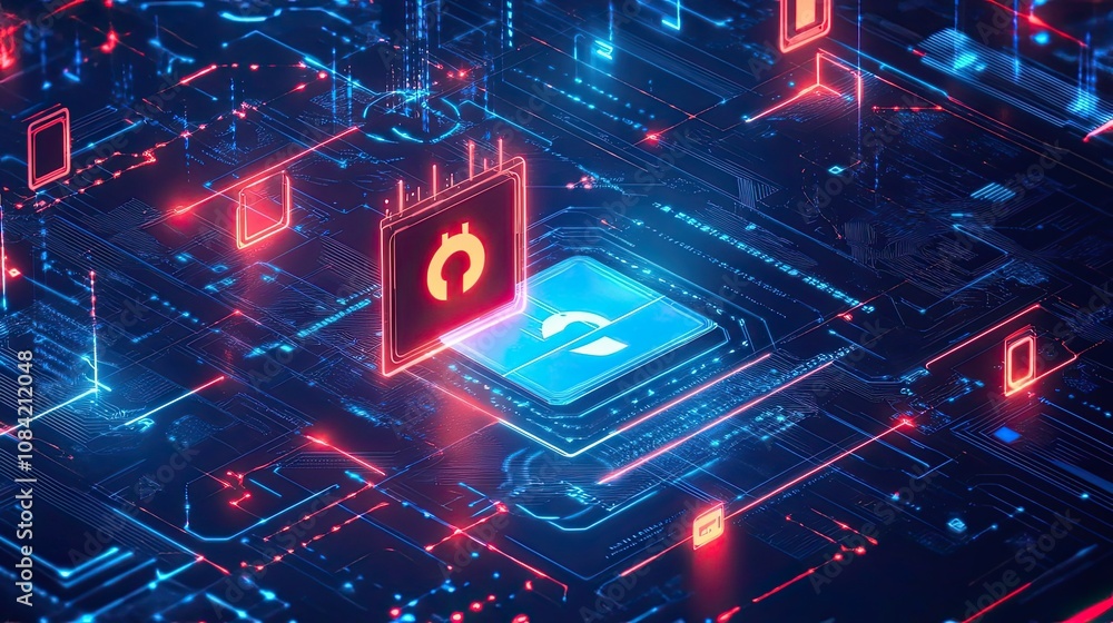 Poster abstract 3d rendering of neon lights on a circuit board