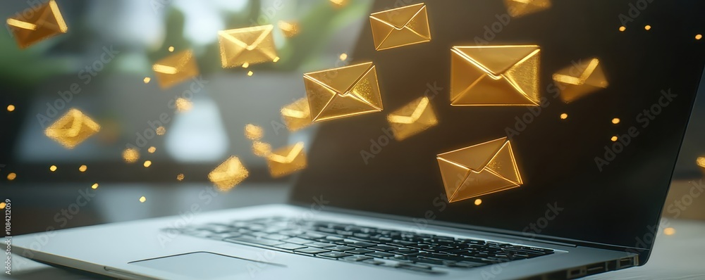 Poster a laptop with animated golden envelope icons representing incoming emails, set against a soft-focus 