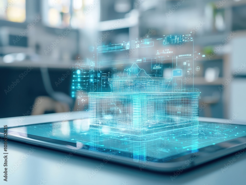 Poster a digital hologram of a building is displayed on a tablet, showcasing advanced technology and archit