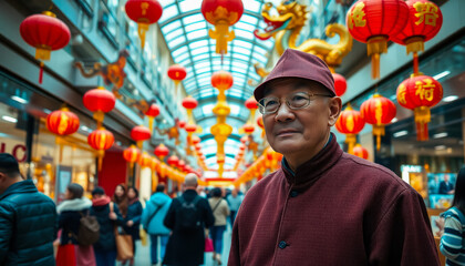Fototapeta premium Elderly mature man in stylish clothes with festive mood among decorated modern shopping mall in honor of Chinese New Year. Preparing and buying gifts for the holiday.