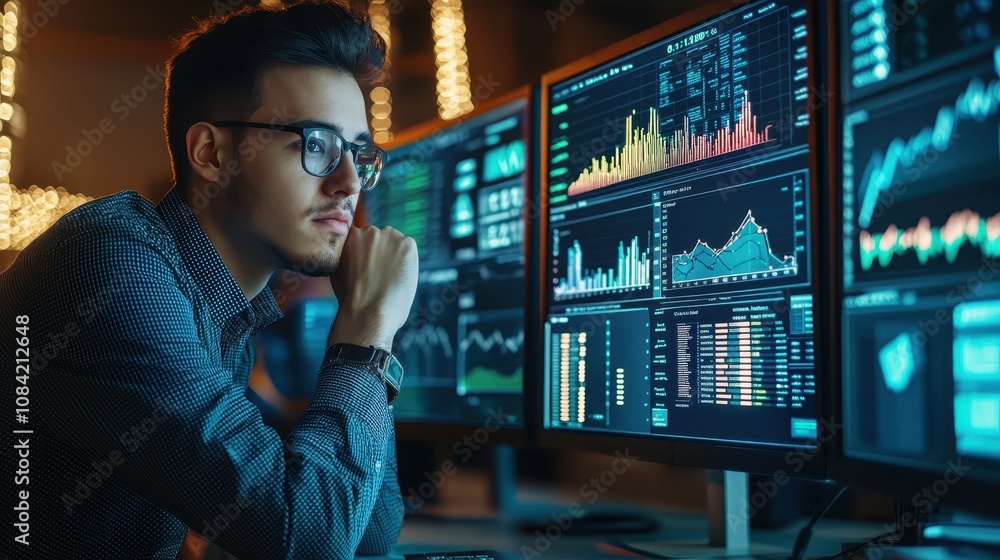 Poster a focused young man analyzes financial data on multiple screens, illuminated by colorful graphs and 