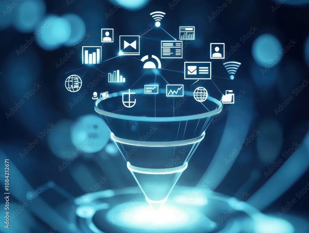 Poster a digital funnel representation with icons symbolizing data processing, analytics, and technology, s