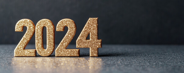 Golden glittery numbers representing year 2024, perfect for festive celebrations and New Year events, creating celebratory atmosphere