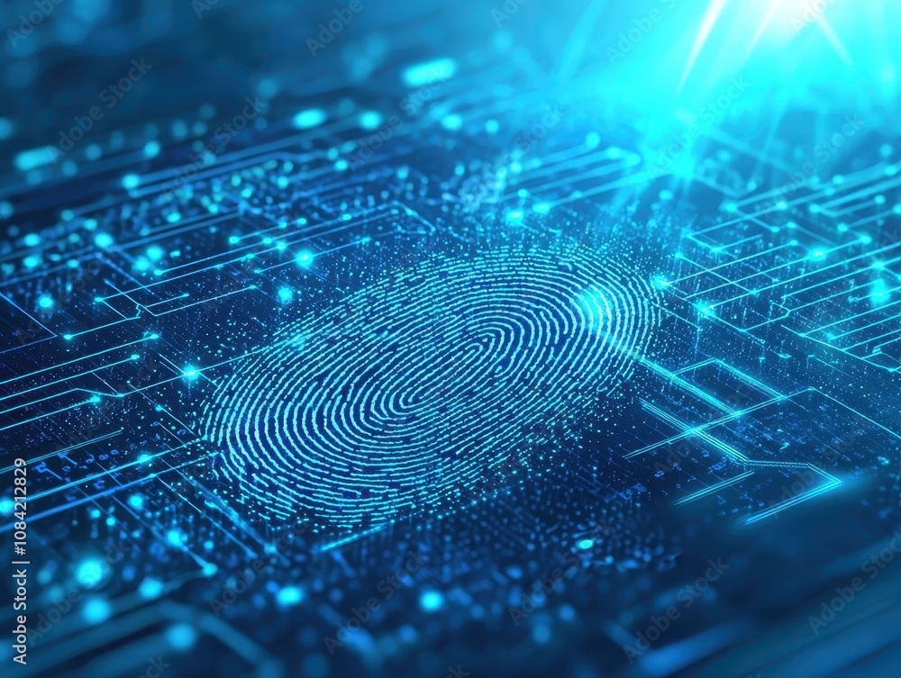 Poster a digital representation of a fingerprint intertwined with abstract circuitry, symbolizing cybersecu