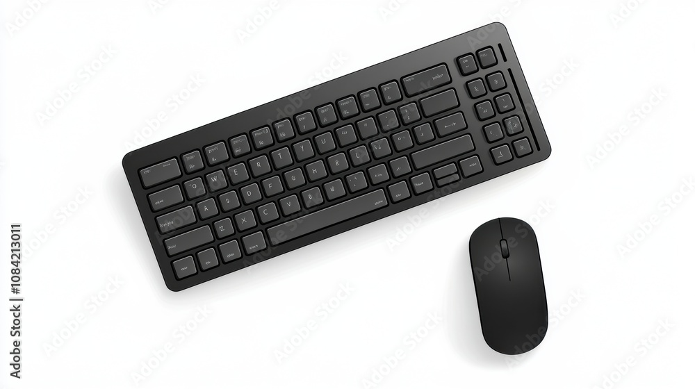 Poster a modern black keyboard and mouse placed neatly on a light background, ideal for creating a minimali