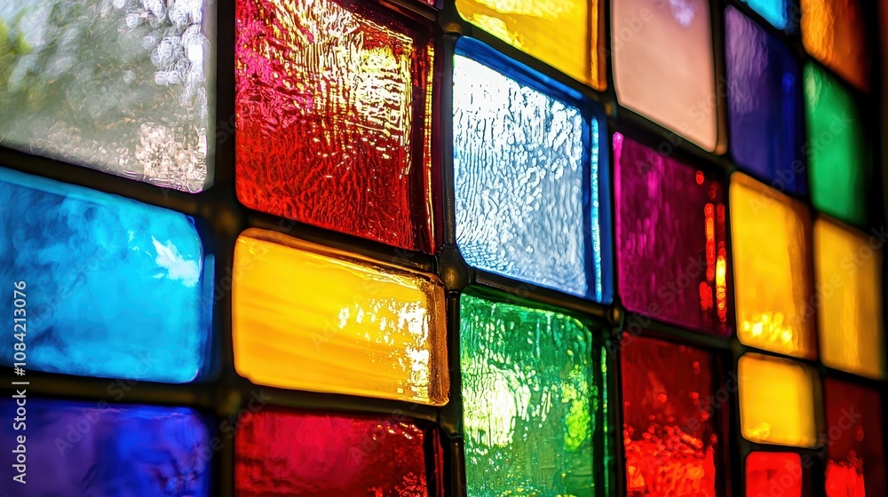 Aufkleber a vibrant close-up of colorful stained glass, showcasing an array of bright hues and intricate patte