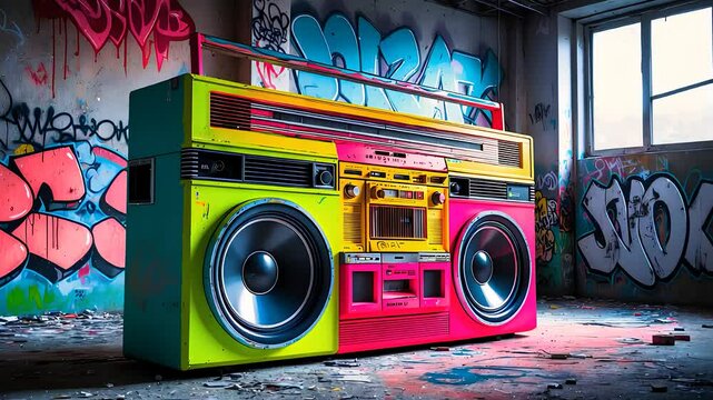 Colorful Retro Boombox in Graffiti-Filled Urban Setting

