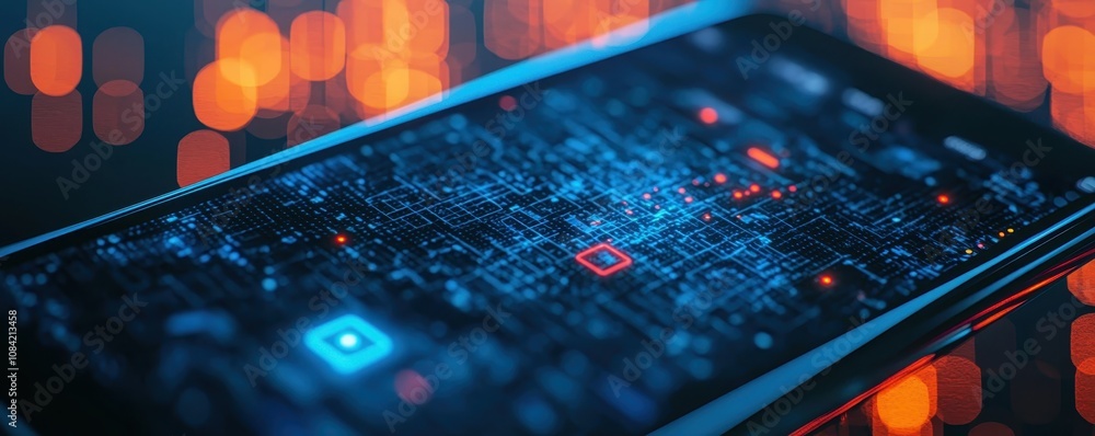 Poster a close-up of a smartphone displaying a vibrant, digital interface with glowing circuitry against a 