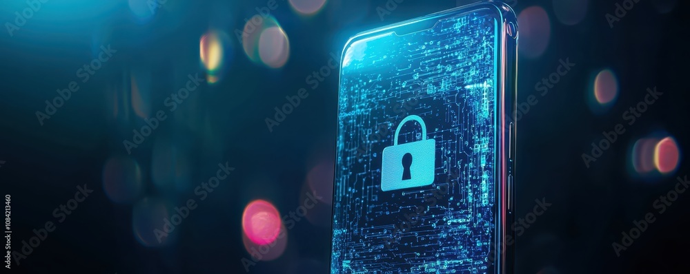 Poster the image depicts a digital smartphone with a glowing padlock, symbolizing cybersecurity and data pr