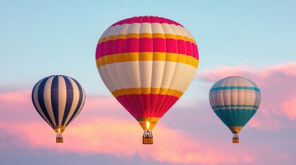 Obraz premium Colorful Hot Air Balloons in a Beautiful Sky During Sunrise, Floating Above the Landscape with Soft Clouds and a Warm Color Palette in the Background