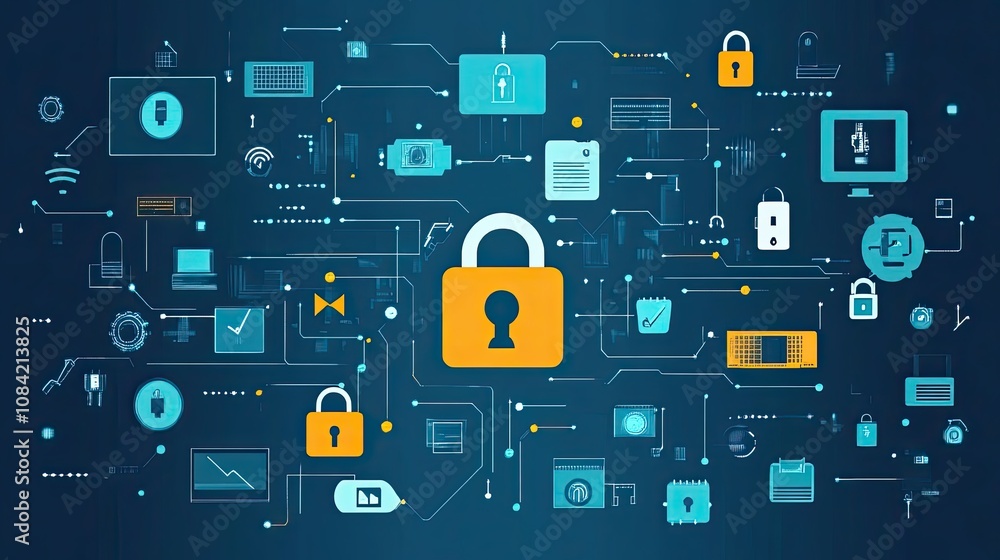 Poster cybersecurity concept with padlocks and circuit board design
