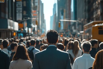 Fototapeta premium Man in Suit Walks Through Busy City Street With Blurred Background