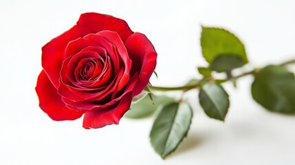 Fototapeta premium A vibrant, fully bloomed red rose with a short stem and green leaves, displayed against a white background. 
