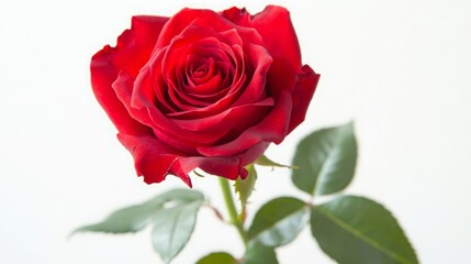 Fototapeta premium A vibrant, fully bloomed red rose with a short stem and green leaves, displayed against a white background. 