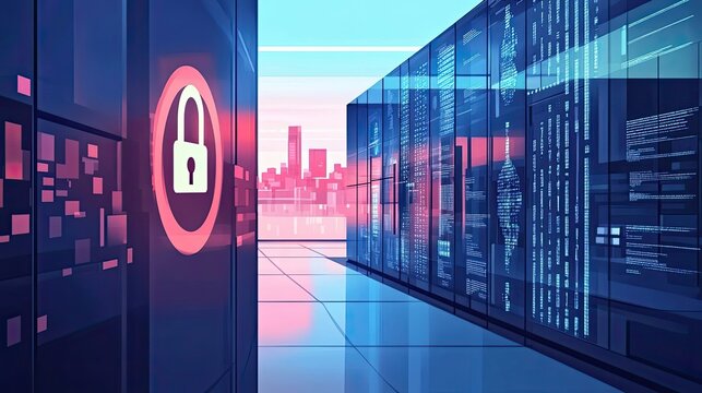 Secure Server Room with Padlock and City Skyline in the Background