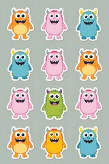 Obraz premium Twelve Adorable Cartoon Monsters: A Colorful Collection of Happy and Playful Creatures Perfect for Kids' Stickers, Prints, or Digital Designs
