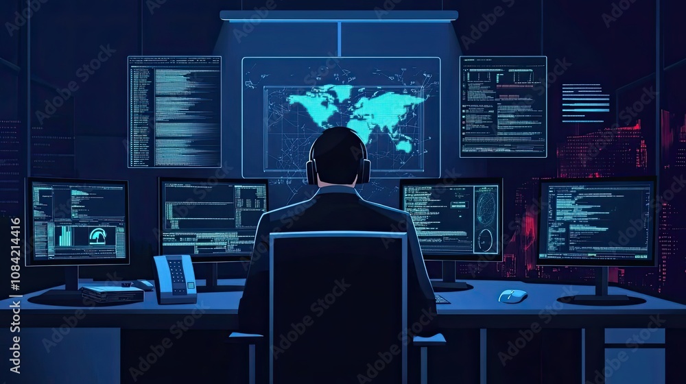 Poster a hacker working on multiple monitors in a dark room