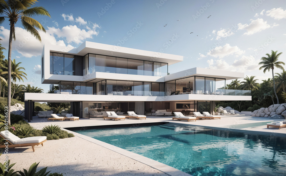 Aufkleber large white house with a pool and a beach. the pool is surrounded by lounge chairs. there are severa