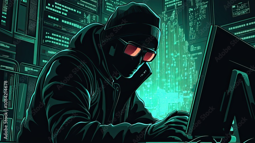 Poster a hooded figure with red-tinted glasses sits in front of a computer screen, illuminated by a green d