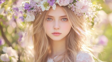 Naklejka premium A young woman with long, flowing hair adorned with a delicate floral crown stands amidst soft, blurred blossoms, capturing a serene and enchanting atmosphere, ideal for beauty, fashion