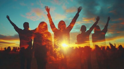 Fototapeta premium Silhouettes of People with Raised Fists at Sunset Representing Freedom and Human Rights