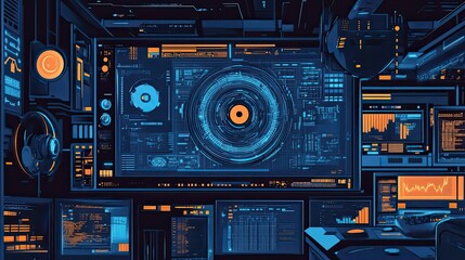 Fototapeta premium Futuristic Control Room with Data Displays and a Large Circular Interface