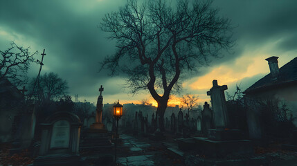 A Single Lantern Illuminates a Graveyard Path in the Gloaming, Casting Long Shadows Amongst the Tombstones, a Silhouetted Tree Stands Tall Against a Stormy Sky