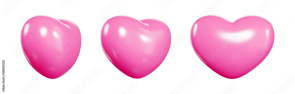 Poster pink 3d vector hearts float in space resembling inflated balloons. love symbols of glossy surface wi