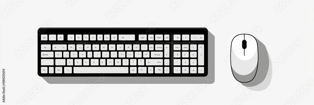 Fototapete a black and white computer keyboard sits beside a matching mouse on a minimalistic light background,