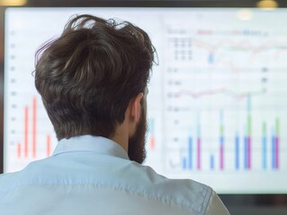Businessman Reviewing Project Plan on Digital Board with Financial Data Charts in Background