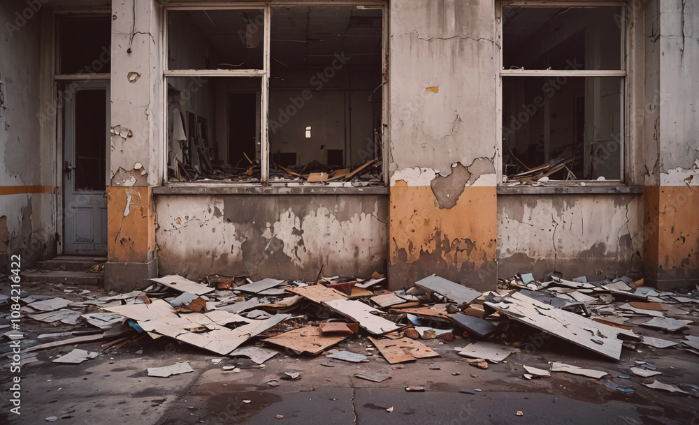 Poster building with a lot of debris on the ground. the front door is open. there are windows on the buildi