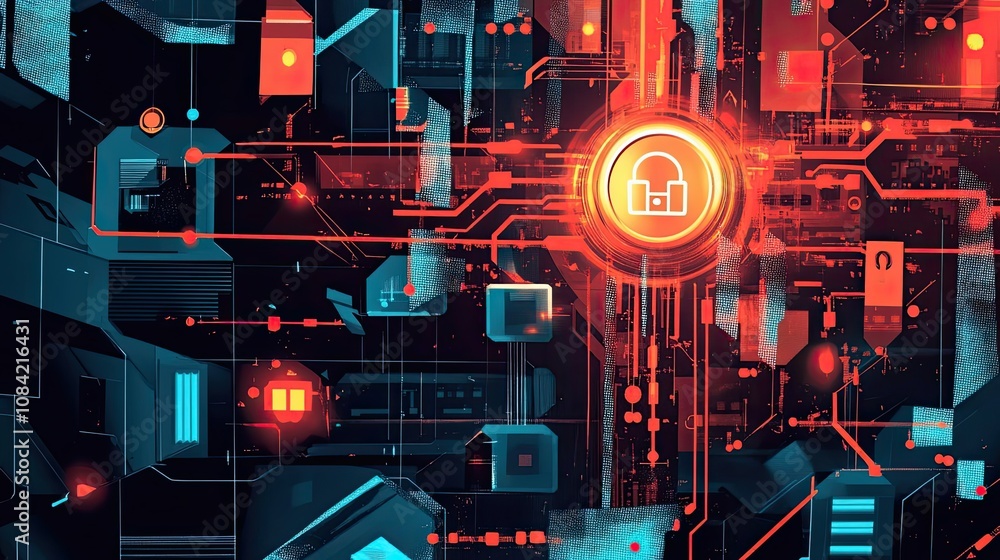 Poster abstract digital security network with glowing lock icon