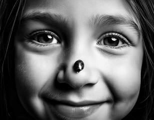 " Vintage Monochrome Story"　Close-up of a child with a ladybug on his nose.