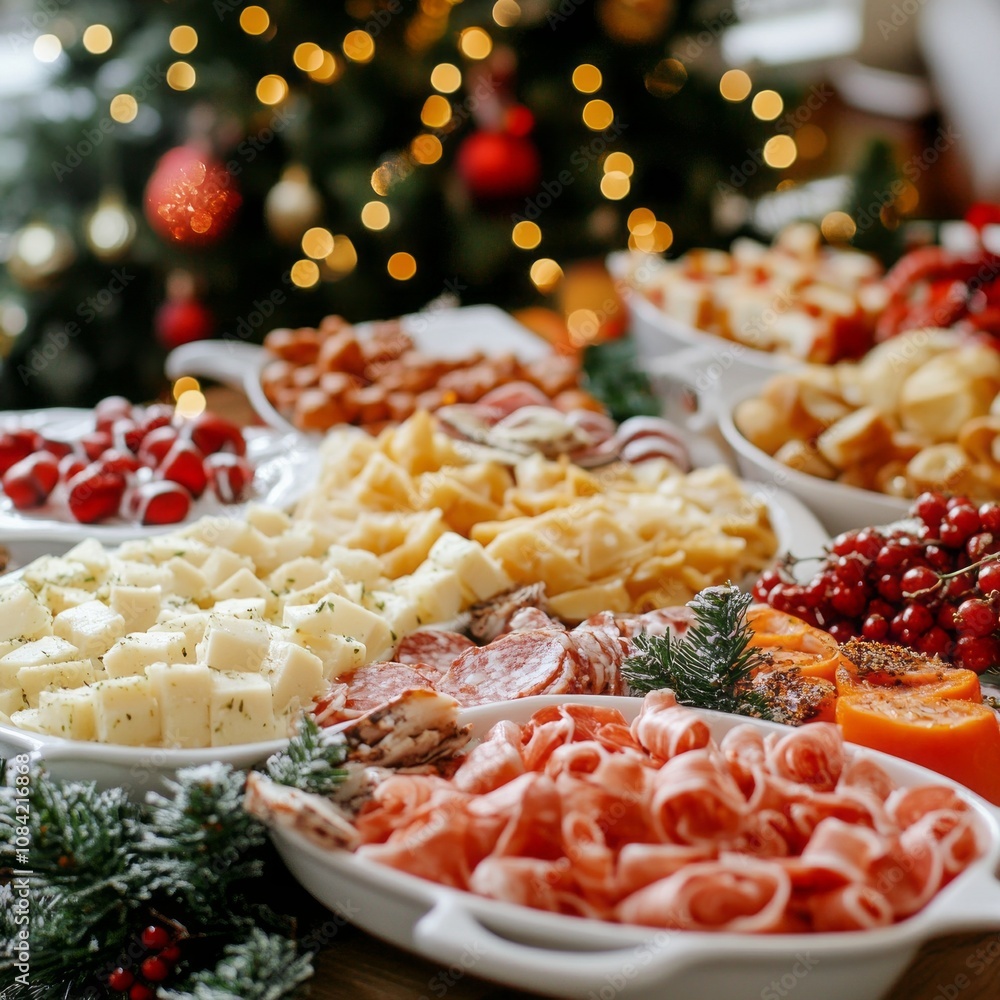 Poster a table full of food with a christmas tree in the background